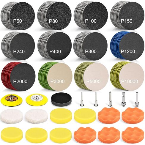 185 PCS 1 Inch Wet Dry Sanding Discs 60-10000 Grit Hook and Loop Sandpaper | Rotary Tool Accessories with 1/8" 1/4" Shank, Backing Pad, Foam Sanding Pads for Auto Metal Glass Resin Wood Jewelry in Saudi Arabia
