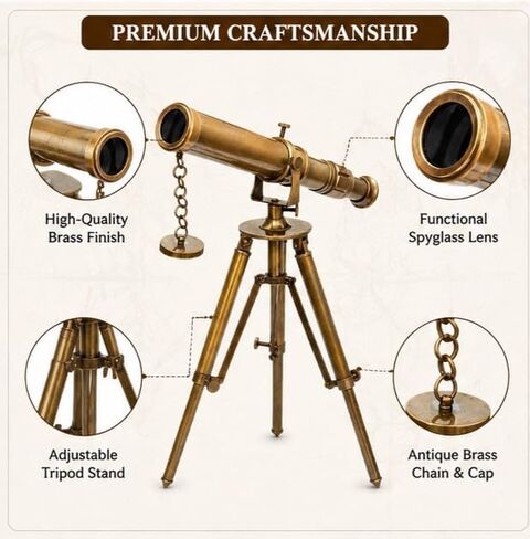 Vintage Brass Table Telescope with Tripod – Functional Maritime Instrument | Antique Nautical Spyglass for Home Office Decor & Ship Collector Gift in Kuwait