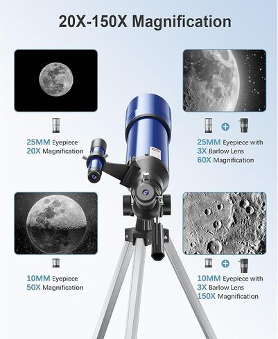 80mm Telescope for Adults and Beginners, 20X-150X Refractor Astronomical Telescope with Tripod and Finderscope, Portable Travel Telescope for Astronomy and Stargazing in Kuwait