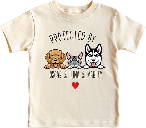 Protected by Dogs and Cats Custom Toddler Tee, Personalized Kids Top, Pet Owner Sibling Gift with Pet's Portrait in Kuwait