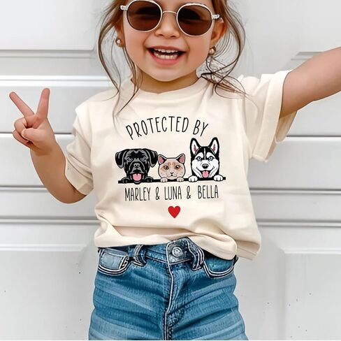 Protected by Dogs and Cats Custom Toddler Tee, Personalized Kids Top, Pet Owner Sibling Gift with Pet's Portrait in Kuwait