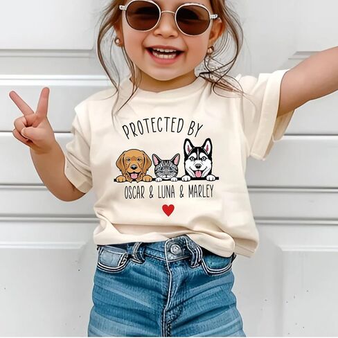 Protected by Dogs and Cats Custom Toddler Tee, Personalized Kids Top, Pet Owner Sibling Gift with Pet's Portrait in Kuwait