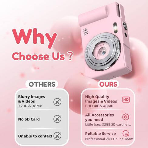 Digital Camera, FHD 4K Digital Point and Shoot Camera with 16X Zoom Anti Shake, 48MP Compact Small Camera with 32GB Card for Boys Girls Kids in Kuwait