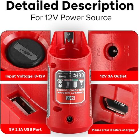 DONGPUCUN 12V Power Source Replacement for Milwaukee M-12 Battery with 2.1A Wall Plug, USB Port & DC 12V Outlet Portable Heated Jacket Battery Adapter for Milwaukee in Kuwait