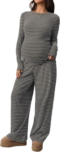 BLENCOT Maternity 2 Piece Outfits Striped Long Sleeve Pregnancy Set | Cozy Lounge Sleepwear for Pregnant Women Autumn Home Baby Shower Relaxed Matching Outfits with Pockets in Kuwait