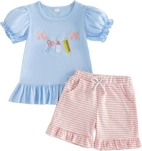 Toddler Girls Back to School Outfit Short Sleeve Ruffle Shirt Top Plaid Shorts Set Kids First Day of School Clothes in Kuwait