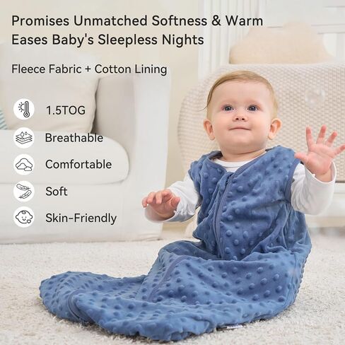 Unnivoll Fleece Baby Sleep Sack 12-18 Months with Plush Dots 1.5 Tog Baby Wearable Blanket with 2-Way Zipper Warm Sleeping Sack for Toddler Infant - Large, Blue&Green in Kuwait