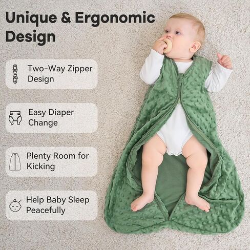 Unnivoll Fleece Baby Sleep Sack 12-18 Months with Plush Dots 1.5 Tog Baby Wearable Blanket with 2-Way Zipper Warm Sleeping Sack for Toddler Infant - Large, Blue&Green in Kuwait