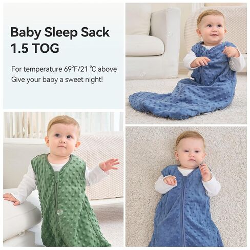 Unnivoll Fleece Baby Sleep Sack 12-18 Months with Plush Dots 1.5 Tog Baby Wearable Blanket with 2-Way Zipper Warm Sleeping Sack for Toddler Infant - Large, Blue&Green in Kuwait