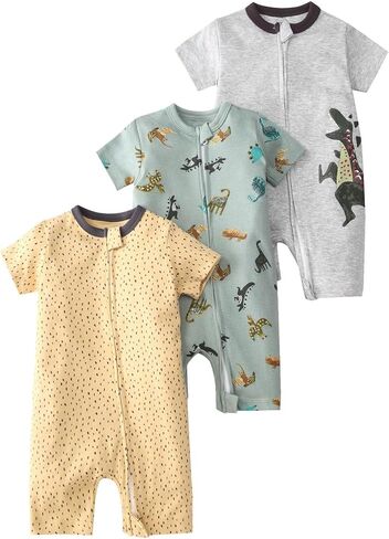 MOSSRIVER Cotton Baby Boy Girl Romper 2 Way Zipper Toddler Short Sleeve Jumpsuit Summer One-Piece Outfits 3 Pack in Kuwait