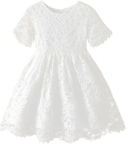 Lace Flower Girl Toddler Dress - Vintage Formal Girls' Special Occasion Short Sleeves Party Dress White-18M-24M in Kuwait
