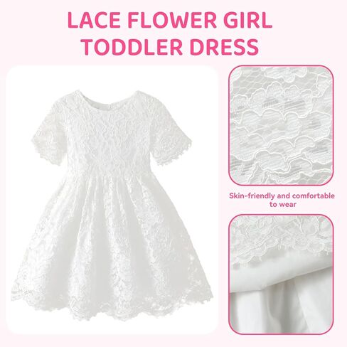 Lace Flower Girl Toddler Dress - Vintage Formal Girls' Special Occasion Short Sleeves Party Dress White-18M-24M in Kuwait