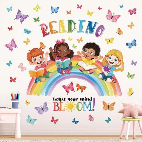 wondever Reading Corner Rainbow Wall Decals Butterflies Kids Inspirational Quotes Reading Helps Your Mind Bloom Peel and Stick Wall Art Stickers for School Classroom Kids Room in Kuwait