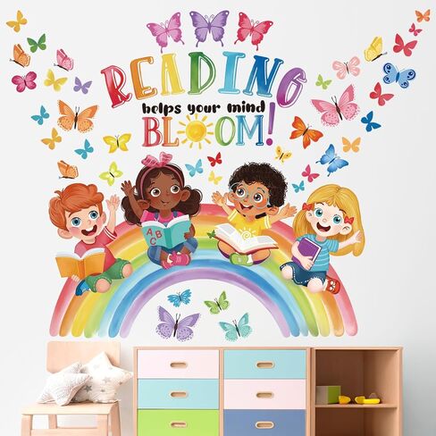 wondever Reading Corner Rainbow Wall Decals Butterflies Kids Inspirational Quotes Reading Helps Your Mind Bloom Peel and Stick Wall Art Stickers for School Classroom Kids Room in Kuwait