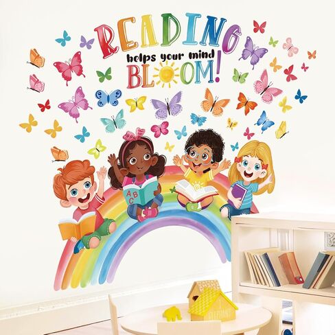 wondever Reading Corner Rainbow Wall Decals Butterflies Kids Inspirational Quotes Reading Helps Your Mind Bloom Peel and Stick Wall Art Stickers for School Classroom Kids Room in Kuwait