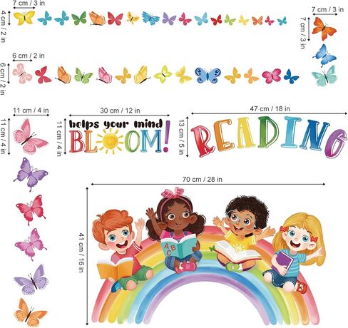 wondever Reading Corner Rainbow Wall Decals Butterflies Kids Inspirational Quotes Reading Helps Your Mind Bloom Peel and Stick Wall Art Stickers for School Classroom Kids Room in Kuwait