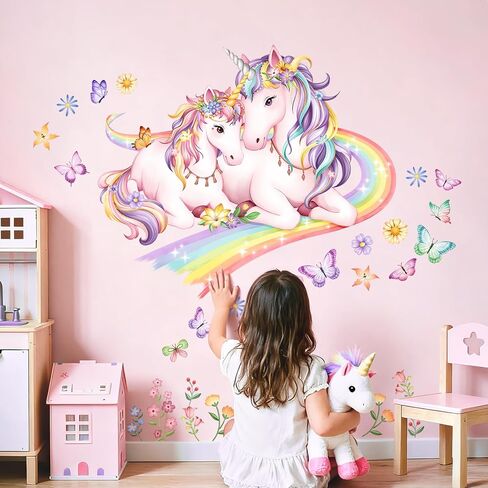 Tanlaby Large Unicorn Wall Decals Castle Clouds Unicorn Wall Stickers | Butterflies Star Peel and Stick Waterproof Vinyl Wall Art Decals for Girls Bedroom Baby Nursery Daycare Decor in Kuwait