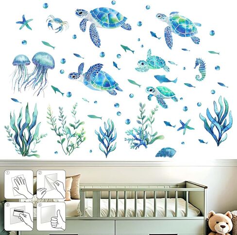 Turtle Wall Decals for Bathroom: Under 30 Minutes Installation | Peel and Stick Applied With Just 4 Steps - Under The Sea Wall Decals for Baby Bedroom - 100% Kids Safe Vinyl Certified in Kuwait
