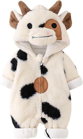 DSORVICD Newborn Baby Boy Girl Cow Warm Zipper Romper | Infant Baby Girl Boy Winter Romper Cow Plush Hooded Jumpsuit Warm Fleece One Piece Outfit in Kuwait