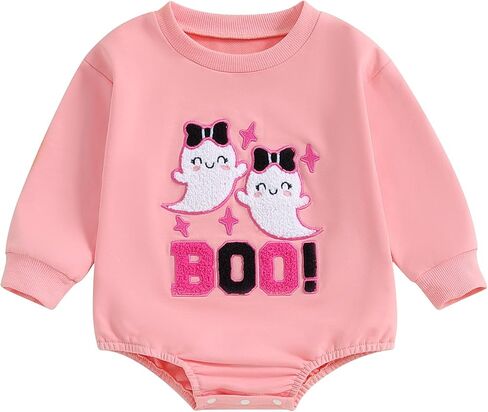 FYBITBO Newborn Halloween Outfit Girl Boy Boo Ghost Romper Bubble Sweatshirt Bodysuit Fall Shirt Halloween Baby Clothes (Boo Ghost-Pink, 0-3 Months) in Kuwait