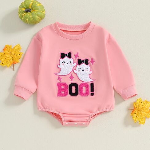 FYBITBO Newborn Halloween Outfit Girl Boy Boo Ghost Romper Bubble Sweatshirt Bodysuit Fall Shirt Halloween Baby Clothes (Boo Ghost-Pink, 0-3 Months) in Kuwait