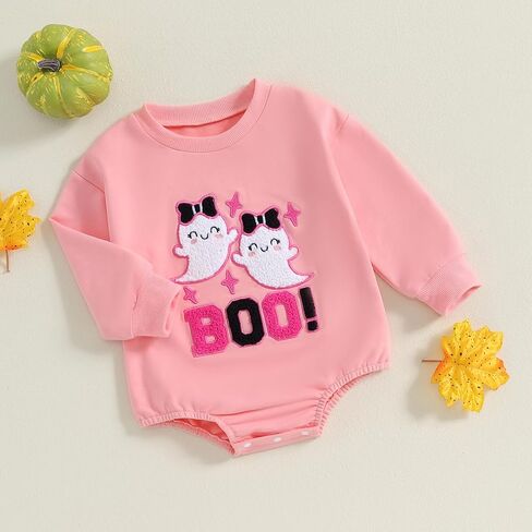 FYBITBO Newborn Halloween Outfit Girl Boy Boo Ghost Romper Bubble Sweatshirt Bodysuit Fall Shirt Halloween Baby Clothes (Boo Ghost-Pink, 0-3 Months) in Kuwait