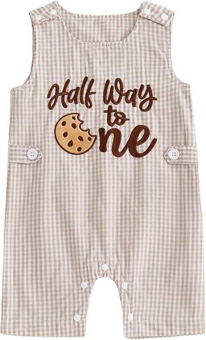 First Birthday Outfit Boy Cute Biscuit Letter Embroidery Sleeveless Romper Jumpsuit Baby Infant Summer Clothes in Kuwait