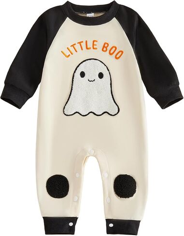 My First Halloween Baby Boy Outfit Long Sleeve Jumpsuit 0-18M | Newborn Baby Boy Halloween Outfit, Little Boo/Pumpkin/Spider Embroidery Romper, Snap Crotch Design, Infant Halloween Clothes in Kuwait