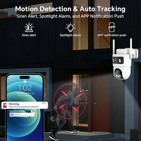 Dual Lens Security Cameras Wireless Outdoor, 360° Pan & Tilt Cameras for Home Security with Color Night Vision, 2K Full HD Video, Plug-in, 2-Way Audio, Motion Detection, Easy to Install, 2.4GHz WiFi in Kuwait
