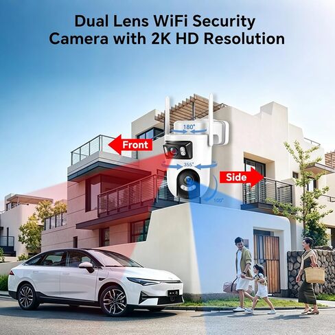 Dual Lens Security Cameras Wireless Outdoor, 360° Pan & Tilt Cameras for Home Security with Color Night Vision, 2K Full HD Video, Plug-in, 2-Way Audio, Motion Detection, Easy to Install, 2.4GHz WiFi in Kuwait