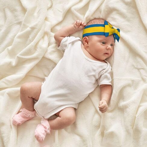Swedish flag Baby Bow Headband for Girls 0-6 Months - Soft Stretchable Knit Headwrap for Newborn Infant Photography, Shower Gift in Kuwait