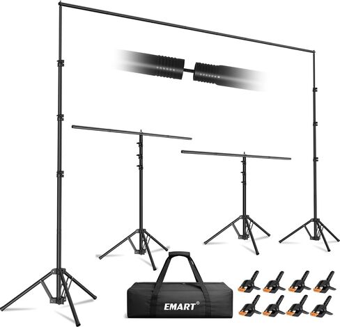 EMART 3-in-1 Backdrop Stand Kit 10x8.5 ft for Photography Studio, T-Shape Banner Back Drop Stand for Party, Wedding, Dectoration, Background Stand for Photo Video Studio with Carry Bag, 8 Clamps in Kuwait