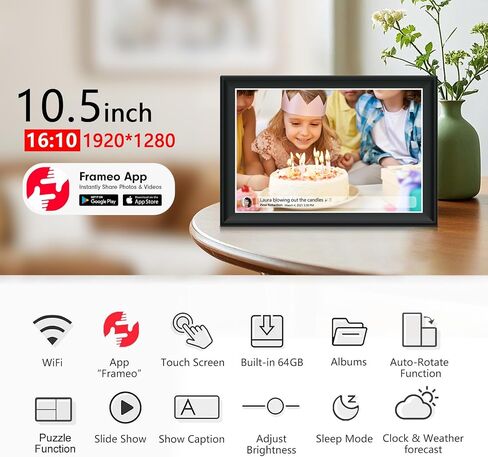64GB FRAMEO 10.5 Inch Smart WiFi Digital Photo Frame 1920x1280 FHD IPS LCD Touch Screen, Auto-Rotate, 64GB Storage, Support SD Card & USB Drive, Share Moments Instantly via Frameo App from Anywhere in Kuwait