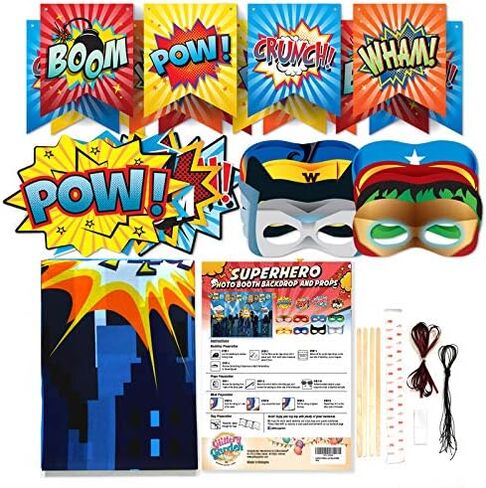 Superheroes Theme Party Photography Backdrop with Prop, Flag & Mask. Super Hero Cityscape Photo Booth Background for Kids Party, Birthday Wall Decorations in Kuwait