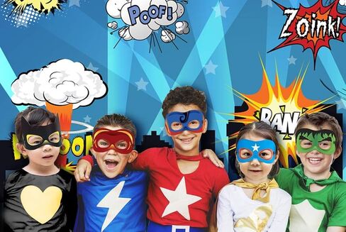 Superheroes Theme Party Photography Backdrop with Prop, Flag & Mask. Super Hero Cityscape Photo Booth Background for Kids Party, Birthday Wall Decorations in Kuwait