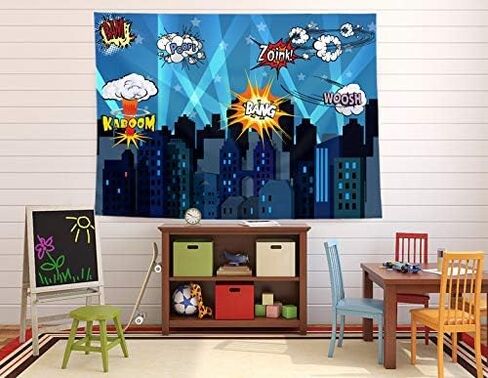 Superheroes Theme Party Photography Backdrop with Prop, Flag & Mask. Super Hero Cityscape Photo Booth Background for Kids Party, Birthday Wall Decorations in Kuwait
