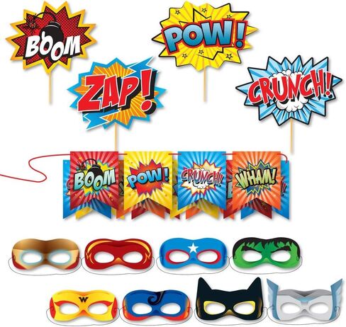 Superheroes Theme Party Photography Backdrop with Prop, Flag & Mask. Super Hero Cityscape Photo Booth Background for Kids Party, Birthday Wall Decorations in Kuwait