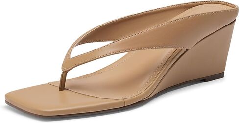 Athlefit Women's Thong Wedge Flip Flops Sandals Tan 7.5 | Square Toe,2.4-Inch Low Wedge Heel,Soft Cushioned Footbed,Dressy for Daily Wear,Dating,Casual Outing,Summer Beach in Kuwait