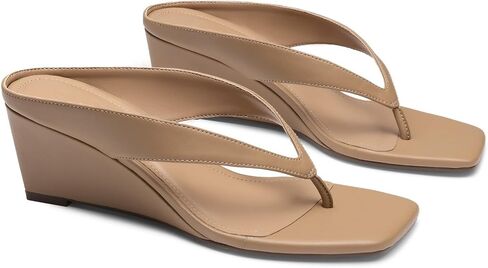 Athlefit Women's Thong Wedge Flip Flops Sandals Tan 7.5 | Square Toe,2.4-Inch Low Wedge Heel,Soft Cushioned Footbed,Dressy for Daily Wear,Dating,Casual Outing,Summer Beach in Kuwait