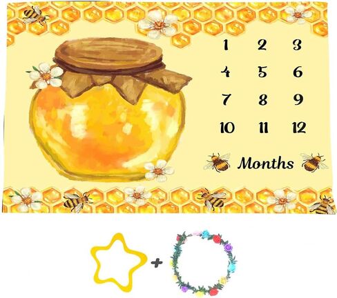 Bees Honeycomb Theme Baby Monthly Milestone Blanket, Soft Flannel, 48x40in | Jungle Animals Nursery Swaddling Blankets for Newborn, Baby Shower Age Growth Tracker With Bonus Maker, Photo Props, Gifts in Kuwait