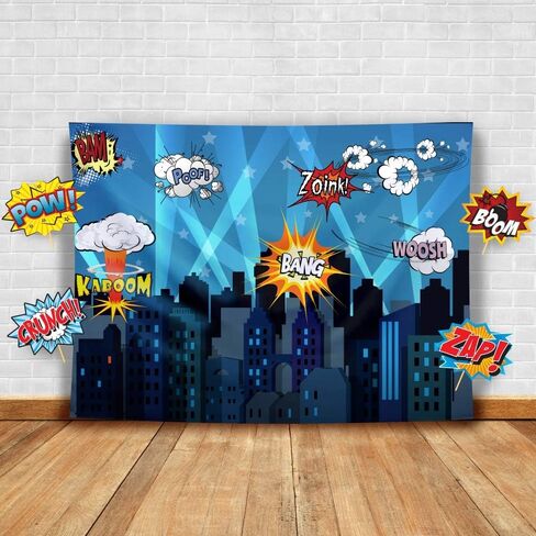 Superheroes Theme Party Photography Backdrop with Prop, Flag & Mask. Super Hero Cityscape Photo Booth Background for Kids Party, Birthday Wall Decorations in Kuwait