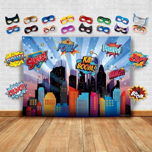 Superheroes Theme Party Photography Backdrop with Prop, Flag & Mask. Super Hero Cityscape Photo Booth Background for Kids Party, Birthday Wall Decorations in Kuwait