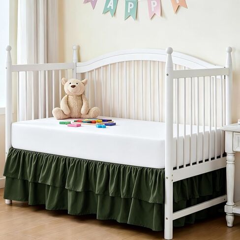 Ruffled Crib Bed Skirt, Olive Green, Soft Double Layer, 28"x52" | With 14" Drop, Nursery Dust Ruffle Skirt, For Toddler Bedding/Baby Crib in Kuwait