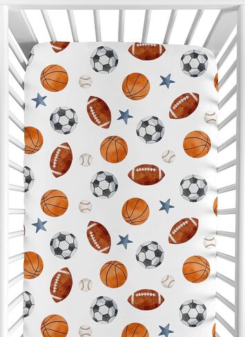 Sweet Jojo Designs Fitted Baby Crib Sheets (Vintage Sports Theme) for Boys, Infant Nursery, Toddler Room - Standard Size (Watercolor, Sport Themed, Soccer Balls, Football, Baseball, Basketball, Stars) in Kuwait