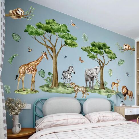 Watercolor Safari Animals Tree Wall Decals Removable Jungle Giraffe Lion Elephant Zebra Stickers Peel and Stick Art Decor for Kids Bedroom Nursery Classroom Living Room Home Wall Decoration in Kuwait