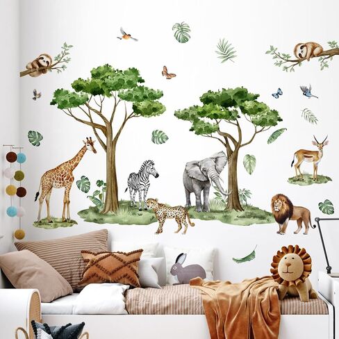 Watercolor Safari Animals Tree Wall Decals Removable Jungle Giraffe Lion Elephant Zebra Stickers Peel and Stick Art Decor for Kids Bedroom Nursery Classroom Living Room Home Wall Decoration in Kuwait