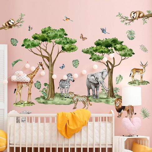 Watercolor Safari Animals Tree Wall Decals Removable Jungle Giraffe Lion Elephant Zebra Stickers Peel and Stick Art Decor for Kids Bedroom Nursery Classroom Living Room Home Wall Decoration in Kuwait