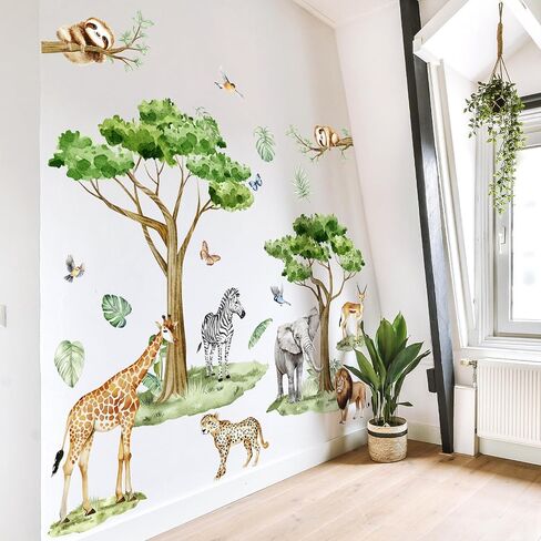 Watercolor Safari Animals Tree Wall Decals Removable Jungle Giraffe Lion Elephant Zebra Stickers Peel and Stick Art Decor for Kids Bedroom Nursery Classroom Living Room Home Wall Decoration in Kuwait