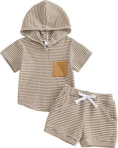 CIYCUIT Baby Boy Summer Outfits Striped Short Sleeves Hoodie Top and Shorts Set in Kuwait