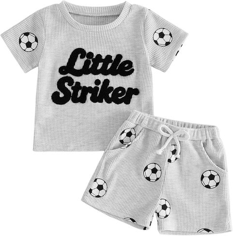 Little Boy Football Outfit Soccer Short Sleeves Tops Cute Shorts | Toddler Baby Boy Football Clothes Soccer Short Sleeves T-Shirt Top Stripe Shorts Cute Boy Summer Outfit in Kuwait